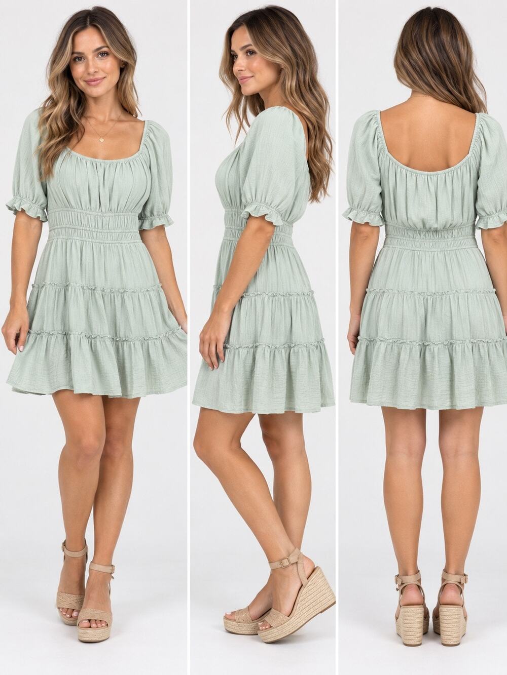 Trixxi Size L Sage Mint Green Smocked Tiered Mini Dress Puff Sleeve Cottagecore